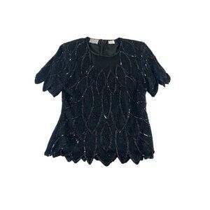Vintage Stenay Women's Black Silk Sequin Top - Medium
